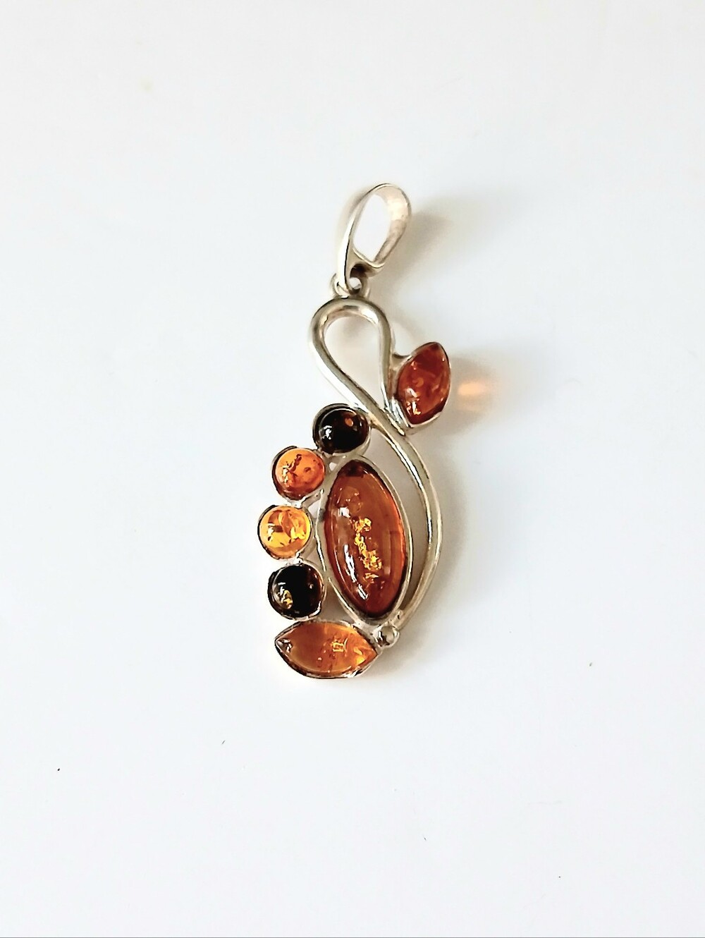 Vintage 925 Sterling Silver Multi-Color Baltic Amber Leaf Swirl Pendant